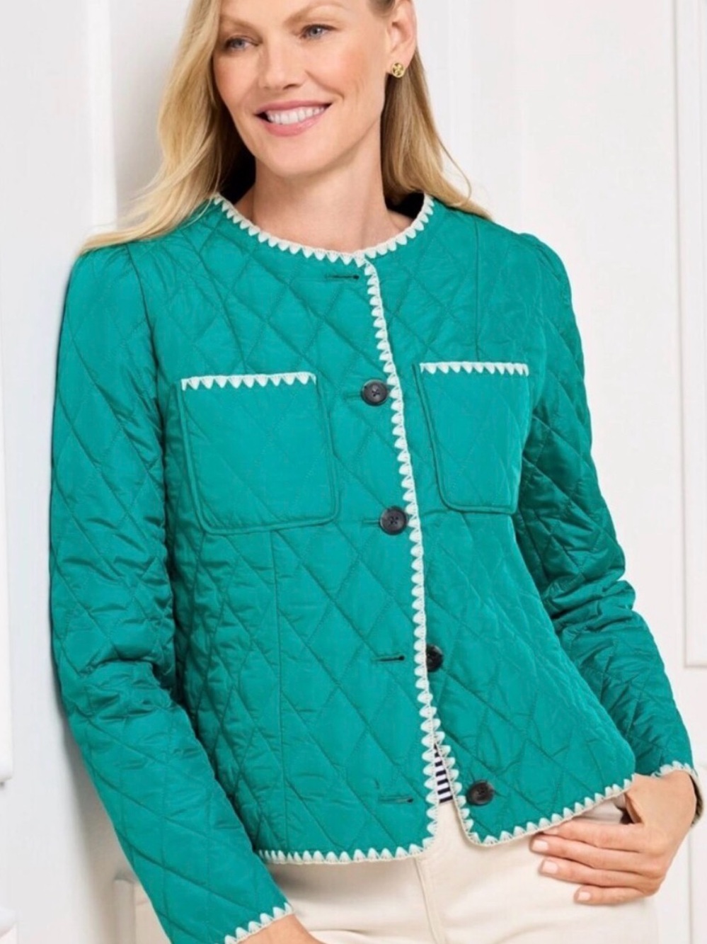 Talbots Quilted Jacket Size 1X Teal Embroidered Trim Lightweight Casual